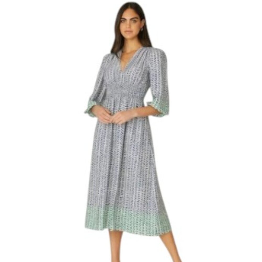 EUC Shoshanna Loren Beaulieu Blue & Green Patterned 3/4 Sleeve Dress
